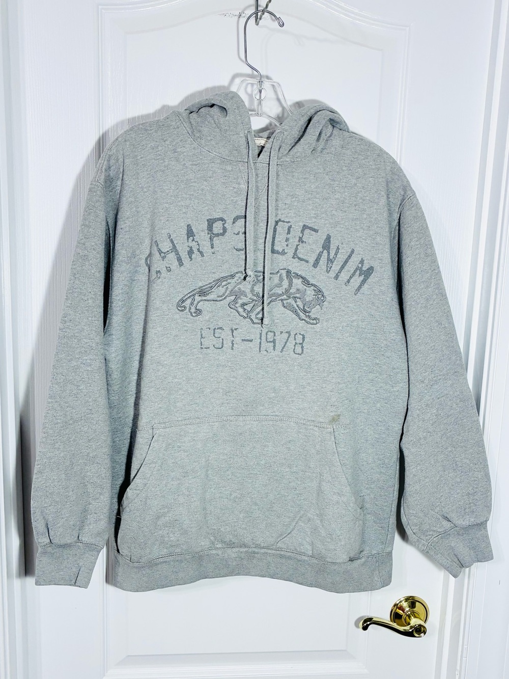 Y2K Chaps Denim Embroidered Panther Graphic Hoodie Sweatshirt Gray Men’s Small